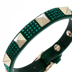 Pre Owned Valentino Emerald Green Suede Crystal Embellished Rockstud Bracelet