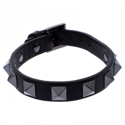 Pre Owned Valentino Rockstud Black Leather Gunmetal Tone Bracelet