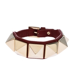 Pre Owned Valentino Large Rockstud Red Leather Gold Tone Wide Bracelet
