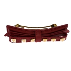 Pre Owned Valentino Rockstud Red Leather Gold Tone Bow Barrette Hair Clip