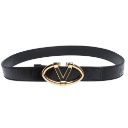 مملوكة مسبقًا Valentino Black Leather V Ring Buckle Belt 100CM