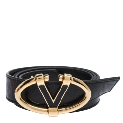 مملوكة مسبقًا Valentino Black Leather V Ring Buckle Belt 100CM