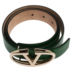 Pre Owned Valentino Green Leather V Logo Buckle Belt 90CM