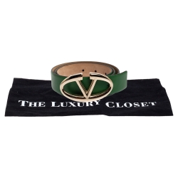 Pre Owned Valentino Green Leather V Logo Buckle Belt 90CM