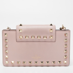 Valentino Light Pink Leather Rockstud Flap Phone Case with Chain