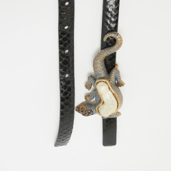 Pre Owned Valentino Black Watersnake Leather Lizard Buckle Slim Belt 90CM