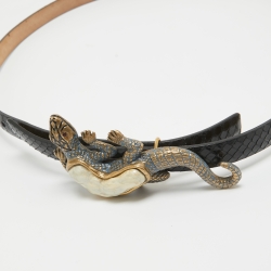 Pre Owned Valentino Black Watersnake Leather Lizard Buckle Slim Belt 90CM