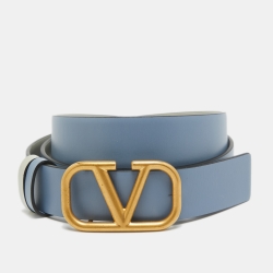 مملوكة مسبقًا Valentino Blue/Grey Leather VLogo Reversible Belt 95CM
