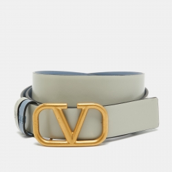 مملوكة مسبقًا Valentino Blue/Grey Leather VLogo Reversible Belt 95CM