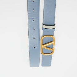 مملوكة مسبقًا Valentino Blue/Grey Leather VLogo Reversible Belt 95CM
