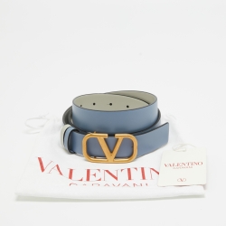 مملوكة مسبقًا Valentino Blue/Grey Leather VLogo Reversible Belt 95CM
