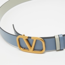 مملوكة مسبقًا Valentino Blue/Grey Leather VLogo Reversible Belt 95CM