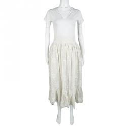 Valentino Cream Cotton Eyelet Embroidered High Waist Gathered Midi ...