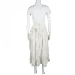 Pre Owned Valentino Cream Cotton Eyelet Embroidered High Waist Gathered Midi Skirt S
