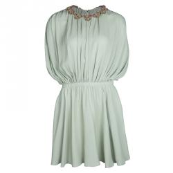 Pre Owned Valentino Pastel Green Silk Embellished Neck Detail Sleeveless Gathered Dress S