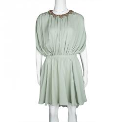 Pre Owned Valentino Pastel Green Silk Embellished Neck Detail Sleeveless Gathered Dress S