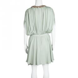 Pre Owned Valentino Pastel Green Silk Embellished Neck Detail Sleeveless Gathered Dress S