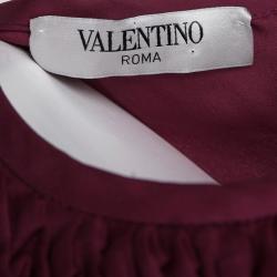 Pre Owned Valentino Burgundy Silk Satin Textured Yoke Detail Sleeveless Top M