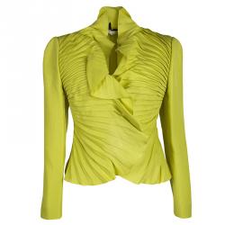 Pre Owned Valentino Yellow Silk Pleated Ruffle Front Jacket M