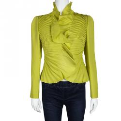 Pre Owned Valentino Yellow Silk Pleated Ruffle Front Jacket M