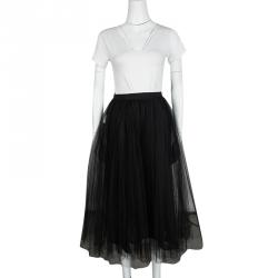 Pre Owned Valentino Black Pleated Tulle Midi Skirt M