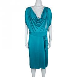 Pre Owned Valentino Blue Knit Cowl Neck Belted Dress L