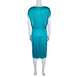 Pre Owned Valentino Blue Knit Cowl Neck Belted Dress L