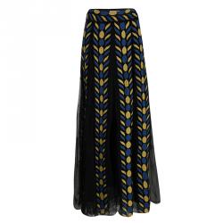 Pre Owned Valentino Black Pleated Organza Contrast Chenille Embroidered Maxi Skirt  M