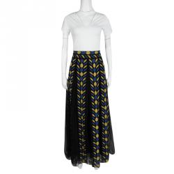 Pre Owned Valentino Black Pleated Organza Contrast Chenille Embroidered Maxi Skirt  M