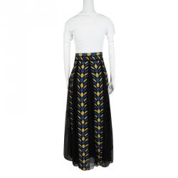 Pre Owned Valentino Black Pleated Organza Contrast Chenille Embroidered Maxi Skirt  M