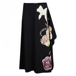Pre Owned Valentino Black Wool Floral Applique Detail Asymmetric Midi Skirt M