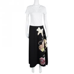 Pre Owned Valentino Black Wool Floral Applique Detail Asymmetric Midi Skirt M
