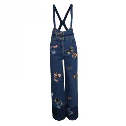 Pre Owned Valentino Indigo Butterfly Embroidered Denim Bib Overalls M
