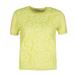 Pre Owned Valentino Yellow Wool Blend Lace Overlay Short Sleeve Top M