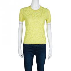 Pre Owned Valentino Yellow Wool Blend Lace Overlay Short Sleeve Top M