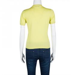 Pre Owned Valentino Yellow Wool Blend Lace Overlay Short Sleeve Top M
