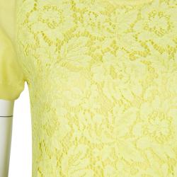 Pre Owned Valentino Yellow Wool Blend Lace Overlay Short Sleeve Top M