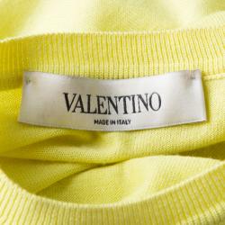 Pre Owned Valentino Yellow Wool Blend Lace Overlay Short Sleeve Top M
