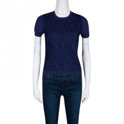 Pre Owned Valentino Navy Blue Wool Blend Lace Overlay Short Sleeve Top S