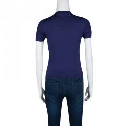 Pre Owned Valentino Navy Blue Wool Blend Lace Overlay Short Sleeve Top S
