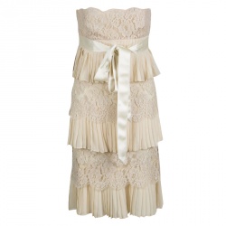 Pre Owned Valentino Beige Pleats and Lace Tiered Strapless Dress S