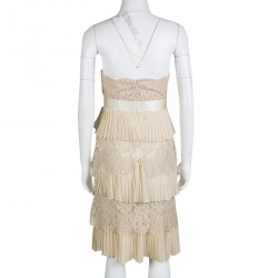 Pre Owned Valentino Beige Pleats and Lace Tiered Strapless Dress S