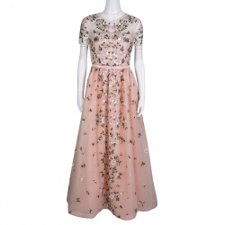 Pre Owned Valentino Pink Floral Embellished Belted Tulle Gown M