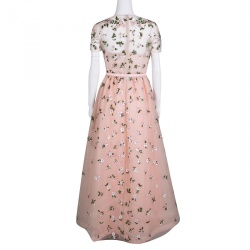 Pre Owned Valentino Pink Floral Embellished Belted Tulle Gown M