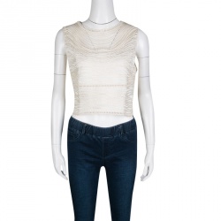 Pre Owned Valentino Boutique Vintage Cream Textured Silk Cutout Detail Sleeveless Crop Top XL
