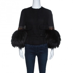 Pre Owned Valentino Black Knit Embellished Faux Fur Cuffed Belted Cropped Jacket M