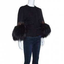 Pre Owned Valentino Black Knit Embellished Faux Fur Cuffed Belted Cropped Jacket M