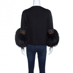 Pre Owned Valentino Black Knit Embellished Faux Fur Cuffed Belted Cropped Jacket M