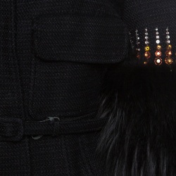 Pre Owned Valentino Black Knit Embellished Faux Fur Cuffed Belted Cropped Jacket M