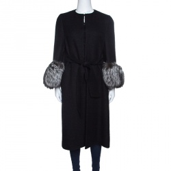 Pre Owned Valentino Black Wool Blend Fox Fur Trim Belted Overcoat M